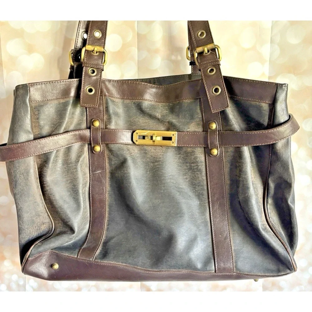 Bueno Black Brown‎ Distressed Vegan Leather Tote Bag Gold Turn Lock Satchel